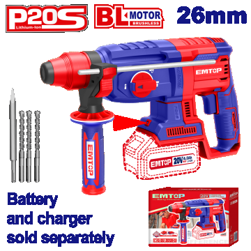 Ciocan Rotopercutor fără Acumulator și Încărcător, 26mm, 4 Accesorii - ELRH20228, EMTOP