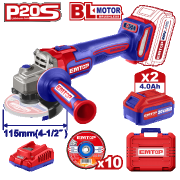 Polizor unghiular cu 2 acumulatori 4.0Ah, motor brushless, 115mm, 10 discuri incluse - ELAG211542, EMTOP
