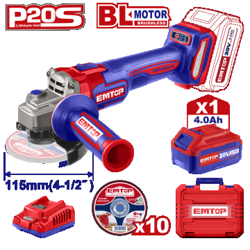 Polizor unghiular cu acumulator 4.0Ah, motor brushless, 115mm, 10 discuri incluse - ELAG211541, EMTOP