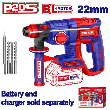 Ciocan rotopercutor fără acumulator și încărcător, motor brushless, 22mm, 2.0J, 3 burghie incluse - ELRH20208, EMTOP