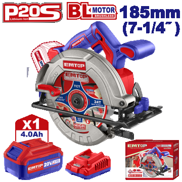 Fierăstrău Circular cu 1 Acumulator 4.0AH, Motor Fără Perii (Brushless), 185mm - ELCS18511, EMTOP