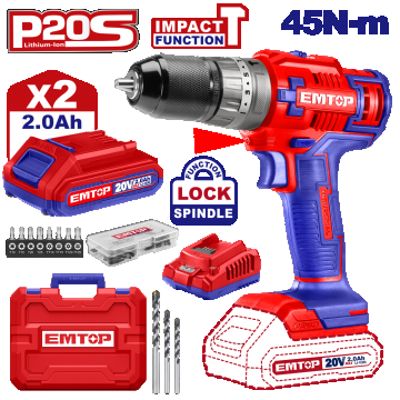 Mașină de Găurit și Înșurubat cu Percuție, 2 Acumulatori 2.0AH, 45Nm, 55 Accesorii, 3 Burghie, Cutie Transport - ECiDL6200128, EMTOP