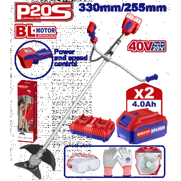 Motocoasă Electrică EMTOP, Trimmer cu 2 Acumulatori 4.0Ah, Motor Fără Perii, 330/255mm, Accesorii Incluse – ELMR202523