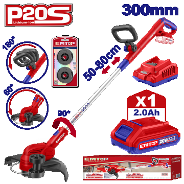 Motocoasă Electrică EMTOP, Trimmer cu Acumulator 2.0Ah, Mâner Reglabil, 300mm – ELGT203285