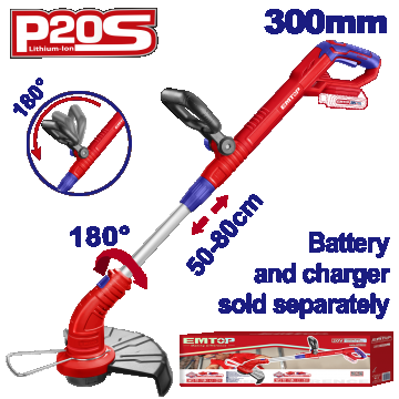 Motocoasă Electrică EMTOP, Trimmer fără Acumulator și Încărcător, cu Mâner Reglabil, 300mm – ELGT20018