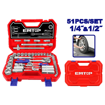 Trusă de Scule și Accesorii 1/4″ + 1/2″ - 51 Componente cu Cutie de Transport - ESKT42511, EMTOP