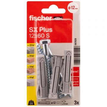 Diblu din nailon cu surub, Fischer SX Plus, 12 x 60 mm, 3 bucati