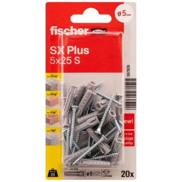 Diblu din nailon cu surub Fischer SX Plus, 5 x 25 mm, 20 bucati