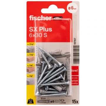 Diblu din nailon cu surub Fischer SX Plus, 6 x 30 mm, 15 bucati