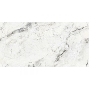 Gresie portelanata interior/exterior Thassos, rectificata, lucioasa, PEI 4, alb, aspect marmura, 60 x 120 cm