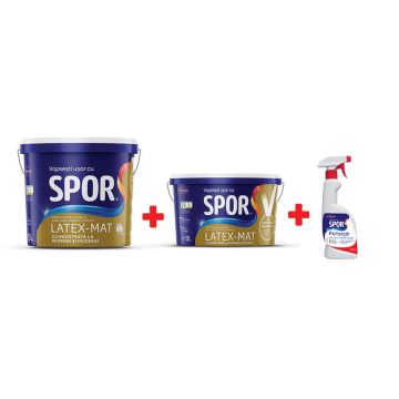 Vopsea super-lavabila interior, Spor latex-mat, alba, 15 l + 2 l + solutie antimucegai Spor Polisept