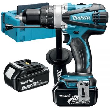 Makita  DHP458RFJ - Masina de gaurit si insurubat cu percutie cu 2 acumulatori Li-Ion 18 V 3 Ah 91 Nm led iluminare valiza speciala