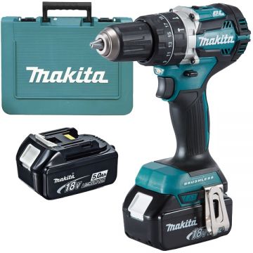 Makita  DHP484RTE - Masina de gaurit si insurubat cu percutie cu 2 acumulatori Li-Ion 18 V 5 Ah 54 Nm motor fara perii led iluminare valiza plastic