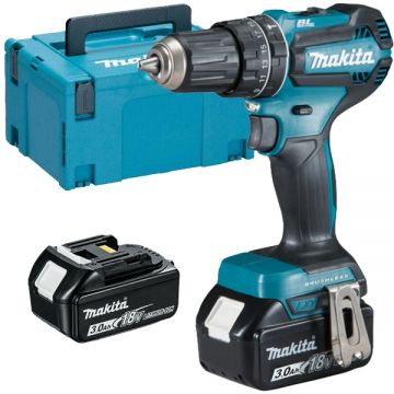 Makita  DHP485RFJ - Masina de gaurit si insurubat cu percutie cu 2 acumulatori Li-Ion 18 V 3 Ah 50 Nm motor fara perii led iluminare valiza speciala