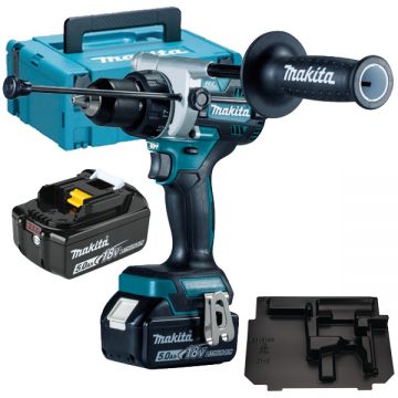 Makita  DHP486RTJ - Masina de gaurit si insurubat cu percutie cu 2 acumulatori Li-Ion 18 V 5 Ah 130 Nm motor fara perii led iluminare valiza speciala