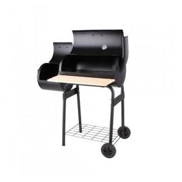 Gratar cu afumatoare pentru gradina, capac cu termometru, cos fum, suprafata gatit 60x30 cm, rafturi, roti, manere lemn