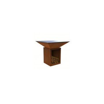 Gratar cu plita groasa 10 mm, vatra pe lemne, otel Corten, 975x975 mm, inaltime 1050 mm, cu spatiu depozitare, 140 kg