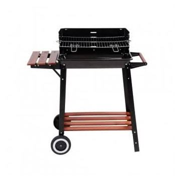 Gratar de gradina pe carbune, 48x28 cm, reglabil pe 4 niveluri, otel emailat, raft lateral din lemn, roti, 82x33x85 cm