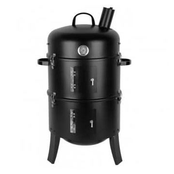 Gratar multifunctional cu afumatoare pe 3 nivele, 44 cm, capac cu ventilatie, otel cromat si emailat, negru, 79 cm, 6.8 kg