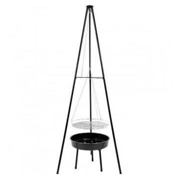 Gratar pe trepied cu vatra, otel, diametru gratar 49 cm, reglabil 30–67 cm, finisaj smalt portelanat, crom, 70x70x152 cm