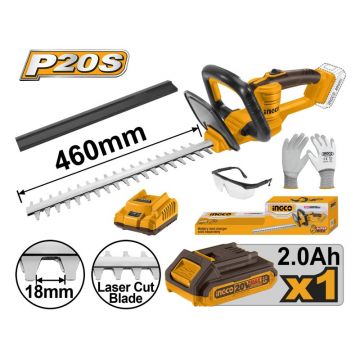INGCO Trimmer pentru gard viu fără fir 460 mm 20 V (1 x baterie 2.0 Ah + încărcător)