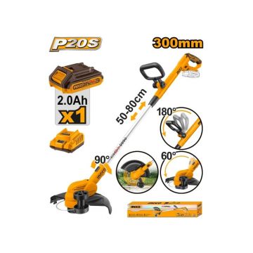 Mașină de tuns iarbă fără fir INGCO 300 mm 20 V (1 x baterie 2.0 Ah + încărcător)