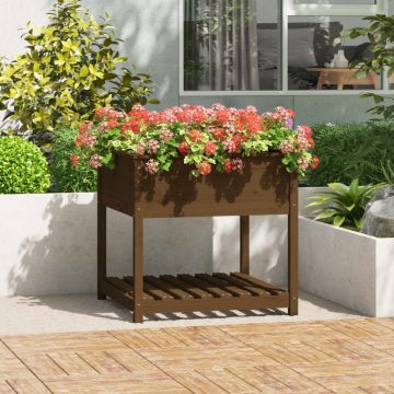 Gossi jardiniera cu raft, maro miere, 82,5x82,5x81 cm, lemn masiv pin