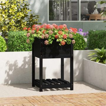 Gossi jardiniera cu raft, negru, 54x54x81 cm, lemn masiv de pin