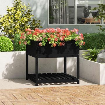 Gossi jardiniera cu raft, negru, 82,5x82,5x81 cm, lemn masiv de pin