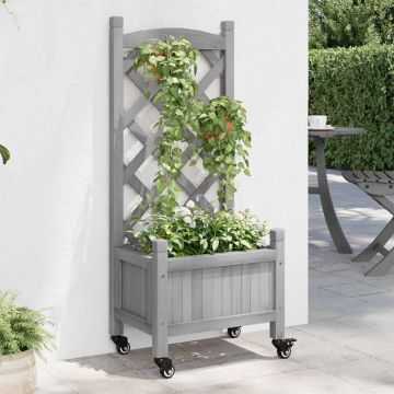 Gossi jardiniera cu spalier si roti, gri, lemn masiv de brad
