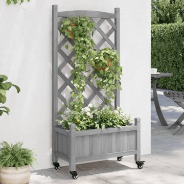 Gossi jardiniera cu spalier si roti, gri, lemn masiv de brad