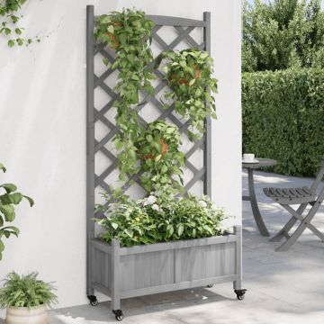 Gossi jardiniera cu spalier si roti, gri, lemn masiv de brad