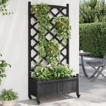 Gossi jardiniera cu spalier si roti, negru, lemn masiv de brad