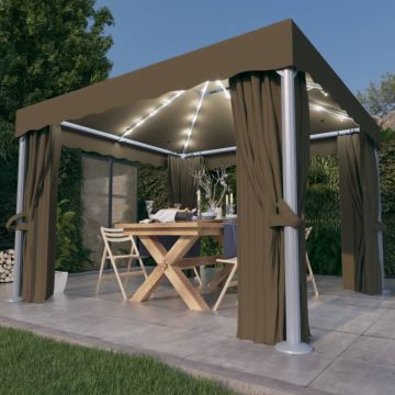Gossi pavilion cu perdea & sir de lumini led, gri taupe, 3x3 m