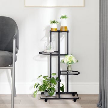 Gossi suport de flori cu 4 etaje, cu roti, negru, 44x23x80 cm, fier