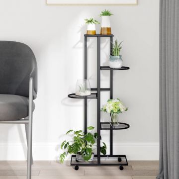 Gossi suport de flori cu 5 etaje, cu roti, negru, 44x23x100 cm, fier