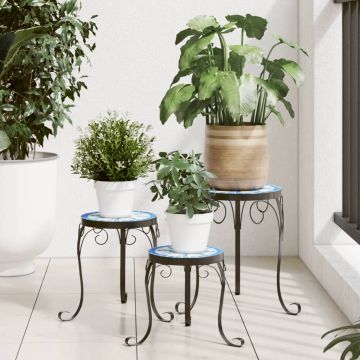 Gossi suporturi pentru plante, 3 buc., albastru si alb, ceramica