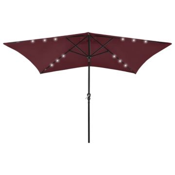 Gossi umbrela de soare cu stalp din otel & led-uri, rosu bordo, 2x3 m