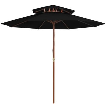 Gossi umbrela de soare dubla, stalp din lemn, negru, 270 cm