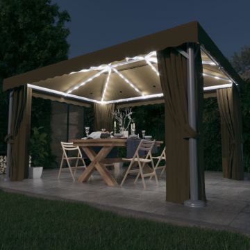 Gossi pavilion cu perdea & sir de lumini led, gri taupe, 4x3 m