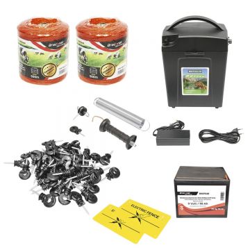 Kit complet gard electric 9/12V 0,7 Joule, lungime fir 1000m, 100 izolatori, 2 manere poarta, 2 placute de avertizare si baterie uscata (nereincarcabila) 9V/90Ah, Cod: BK87560, Brand: BRECKNER GERMANY