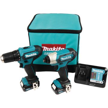 Kit Combo CLX224A Masina de Gaurit DF333D si Masina de Insurubat cu Impact TD110D + 2 Acumulatori 2Ah 12V si Incarcator in Geanta Transport Albastru