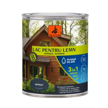 Lac pentru lemn 3in1 Dragon, antracit, pe baza de apa, interior/exterior, 700 ml