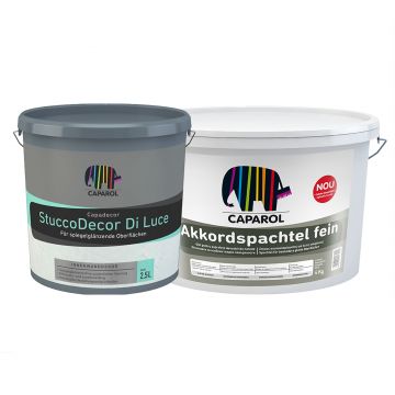 Masa de spaclu Capadecor StuccoDecor di Luce, alb, 2.5 l + Glet universal Caparol Akkordspachtel fein, interior, alb, 4 kg
