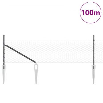 Gossi gard hexagonal gri 0.5x100 m otel, Gossi stalpi de gard cu ancore 13 buc Ø32 mm 80 cm otel zincat