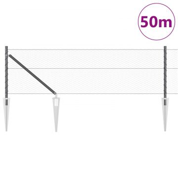 Gossi gard hexagonal gri 0,6x50 m otel, Gossi stalpi de gard cu varf 13 buc Ø32 mm 80 cm otel galvanizat