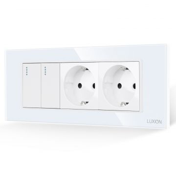Intrerupator Dublu + 2 Prize cu Rama din Sticla LUXION, Standard Italian, 6M