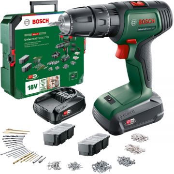 Bosch  UniversalImpact 18V + SystemBox - Masina de gaurit si insurubat cu percutie cu 2 acumulatori Li-Ion 18 V 1.5 Ah 34 Nm led iluminare valiza plastic accesorii
