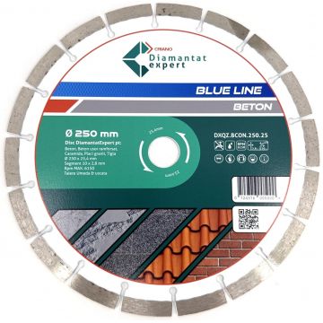 Disc DiamantatExpert pt. Beton, Materiale constructii 250x25,4 (mm) taiere uscata sau umeda, Blue Line Profesional - DXQZ.BCON.250.25