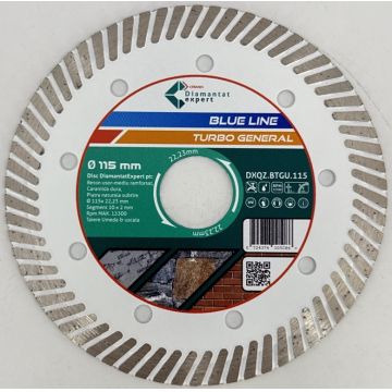 Disc DiamantatExpert TURBO pt. Beton Ranforsat Usor, Materiale de constructii 115x22.23 (mm) taiere uscata sau umeda, Blue Line Profesional - DXQZ.BTGU.115